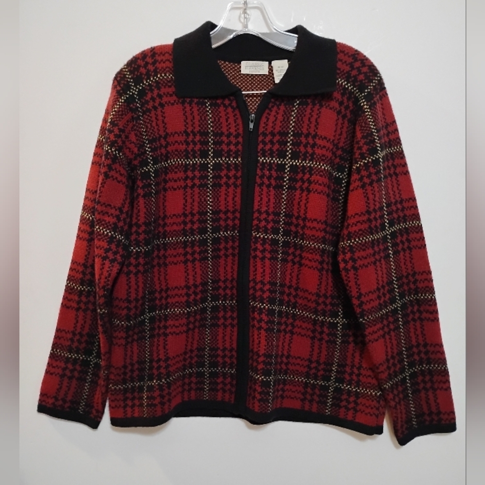 Red Black Plaid Zip-Up Knitted Jacket CLASSIC ELEMENTS PETITE 100% Acrylic MP
